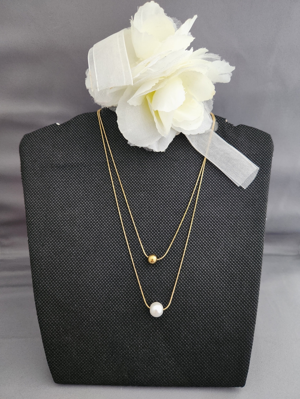 Stainless Steel Double-Layer Gold Plated Necklace with Pearl and Gold Bead